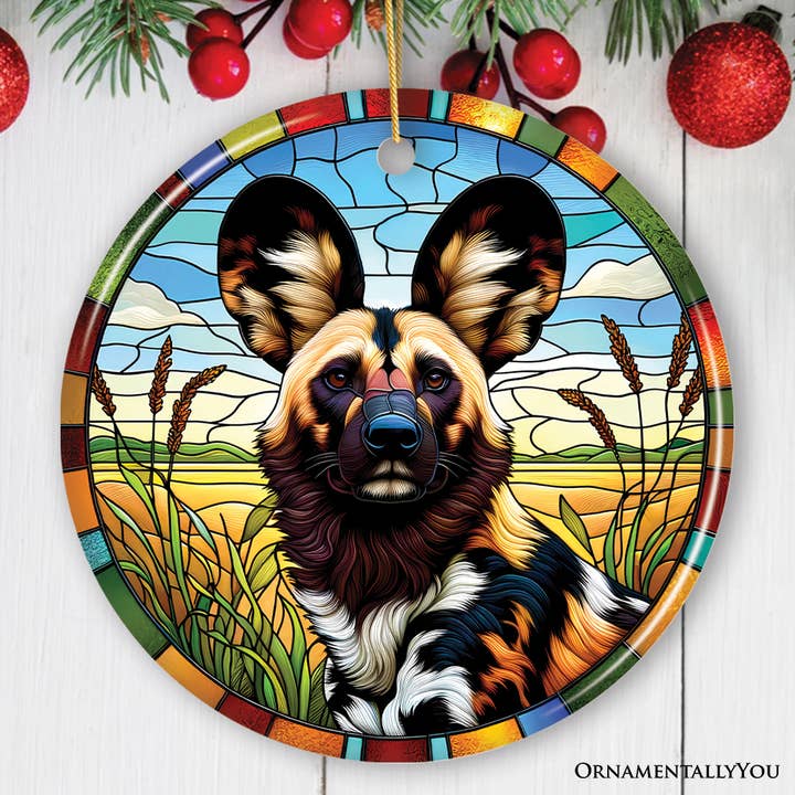 OrnamentallyYou - Wholesale Ornament - Savannah's Wild Dog Stained Glass Style Ceramic Ornament