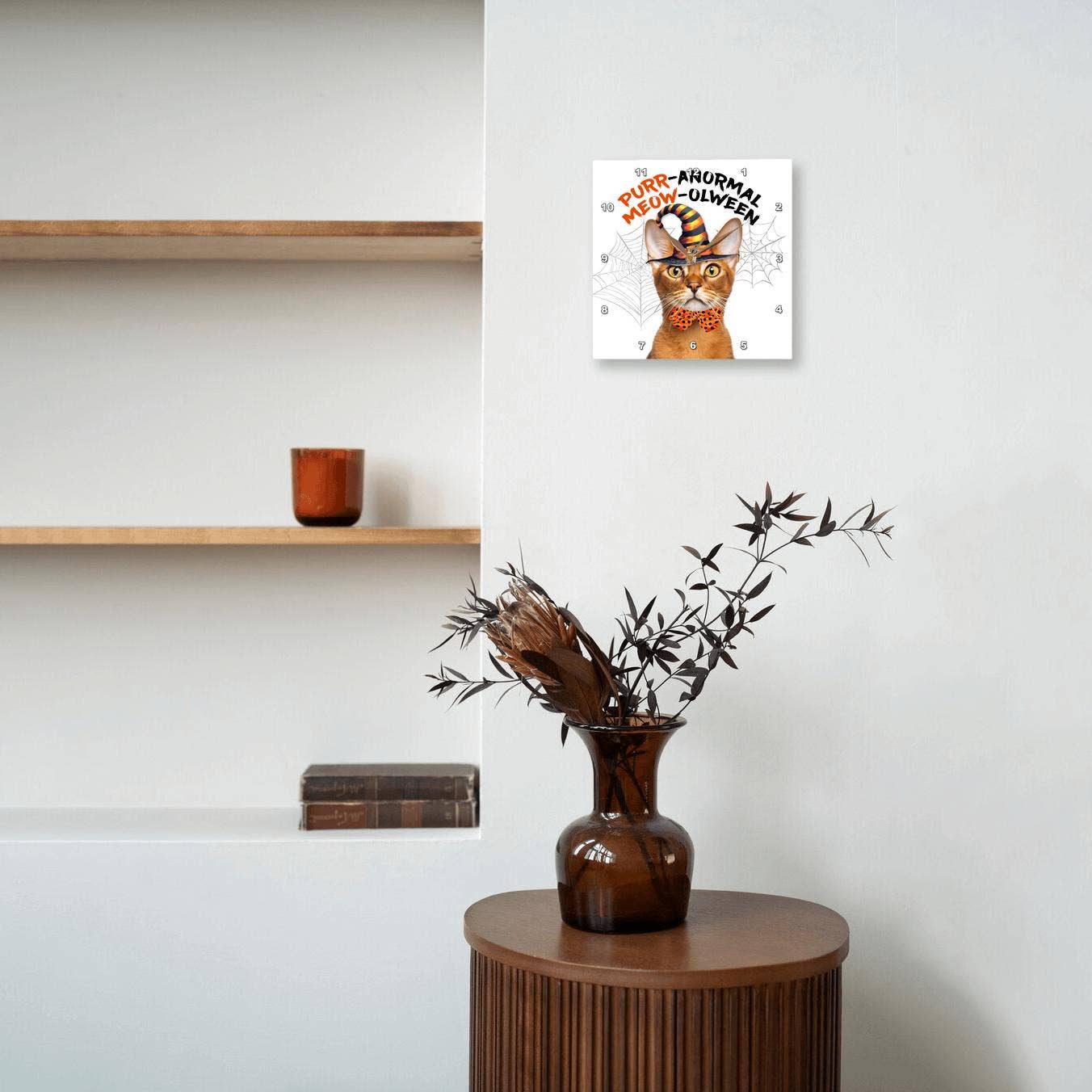 3dRose - Wholesale Wall Clock - 3dRose, Cute Abyssinian Cat in a Wizard Hat with Cobwebs for Halloween, Wall Clock7