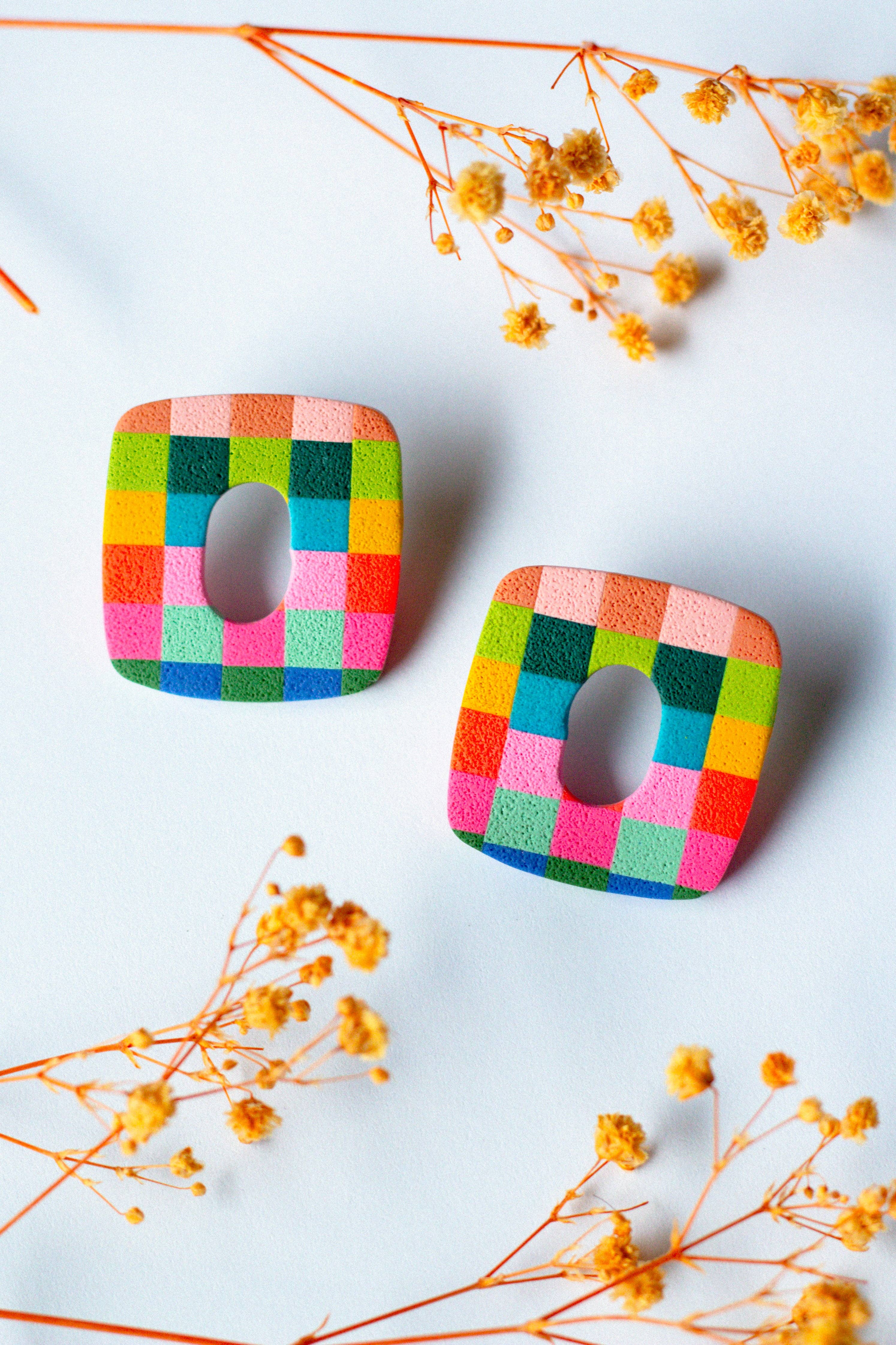 Slow Day Studios - Wholesale Stud/Post Earrings - Rainbow Check Square Stud