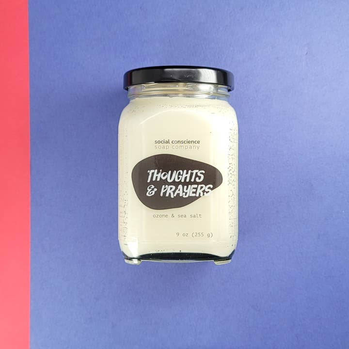 Thoughts & Prayers - 9 oz candles for wholesale by Social Conscience Soap Company