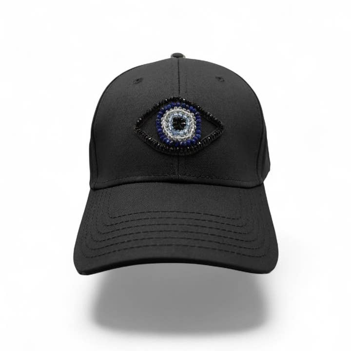 The Energy Project - Evil Eye Hat - Black - Hand-Beaded, Natural Crystals for wholesale by C. GRASSI