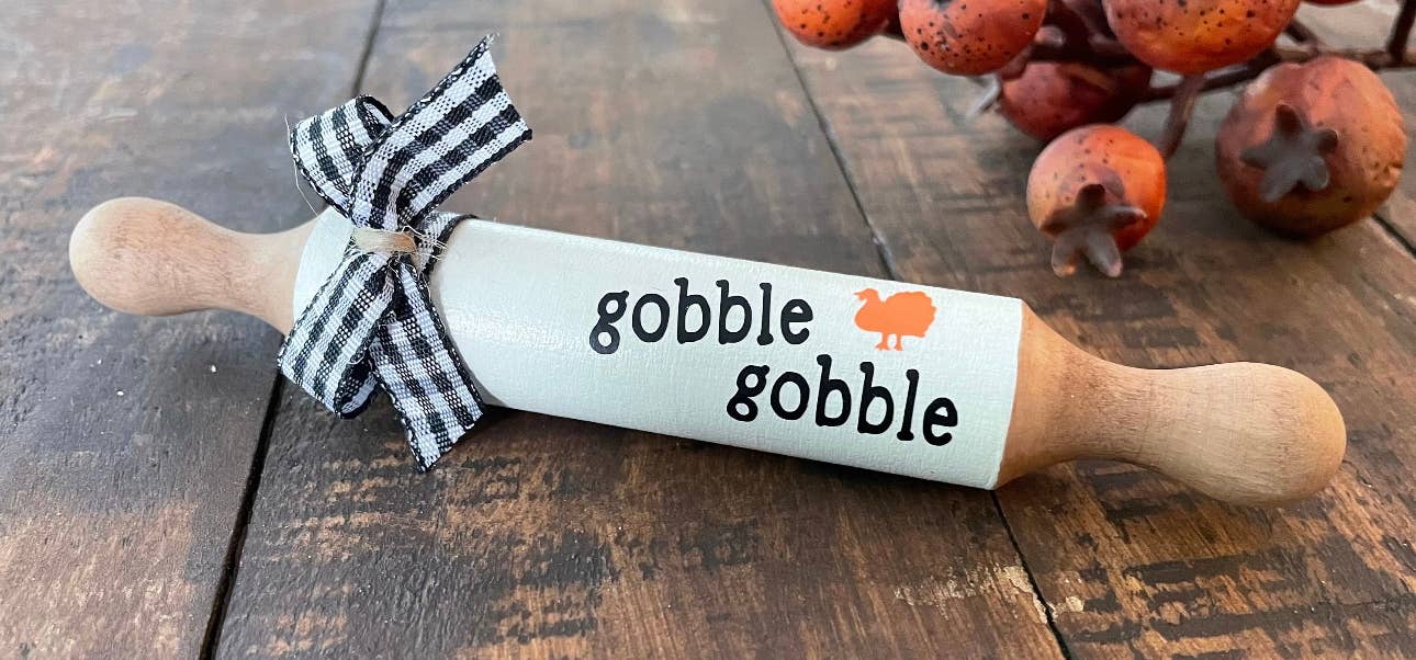 AH Designs 15 - Wholesale Decorative Tabletop Object - 7” Thanksgiving Theme, Mini Rolling Pin, Farmhouse tier tray5