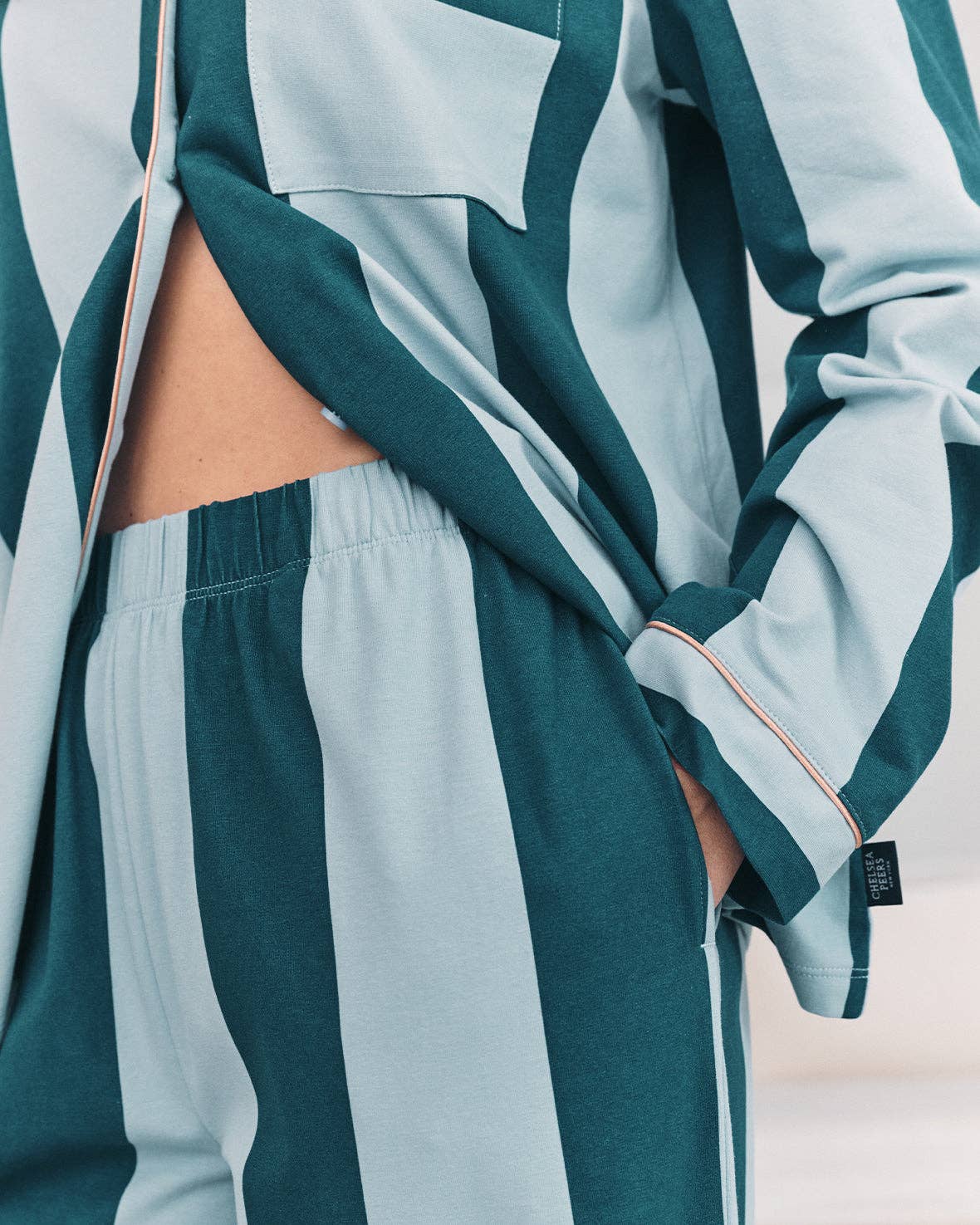 Chelsea Peers – wholesale Sleepwear set – Women's – Organic Cotton Stripe Long Pyjama Set - Blue2