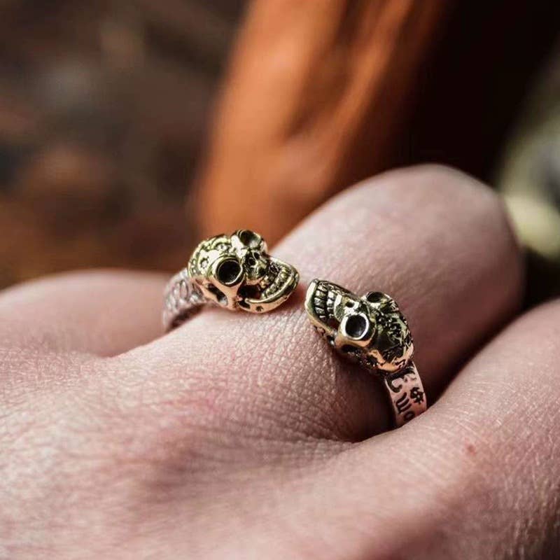 Edgy Double Skull Alloy Open Ring for wholesale on Faire1