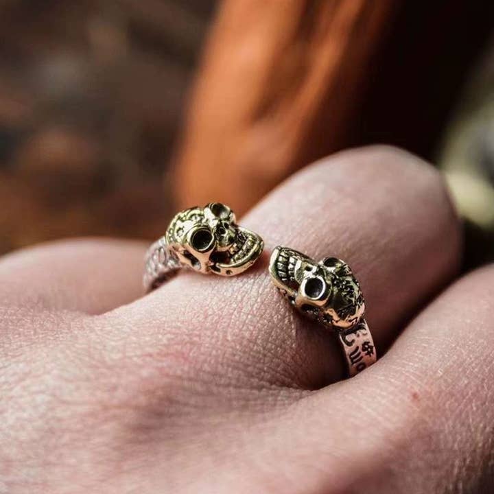 Edgy Double Skull Alloy Open Ring for wholesale on Faire1