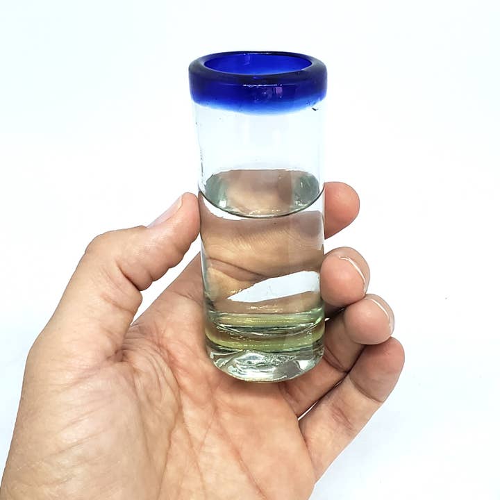 MexHandcraft - Wholesale Shot Glass - Mexican Recycled Cobalt Blue Rim 2 oz Tequila Shot Glasses