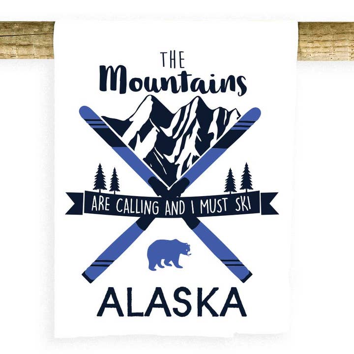 Mountains Calling & I Must Ski Alaska Towel for wholesale by Potluck Press