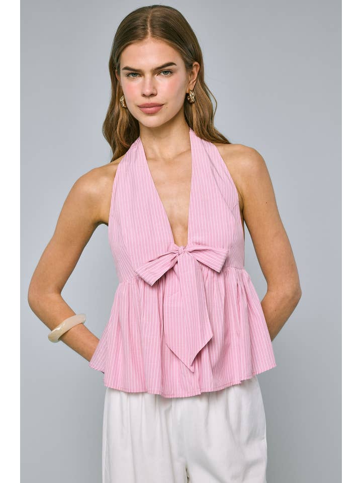 Sky to Moon - Wholesale Tank Top - Women's - STRIPE PRINT HALTER FRONT TIE OPEN BACK RUFFLE TOP