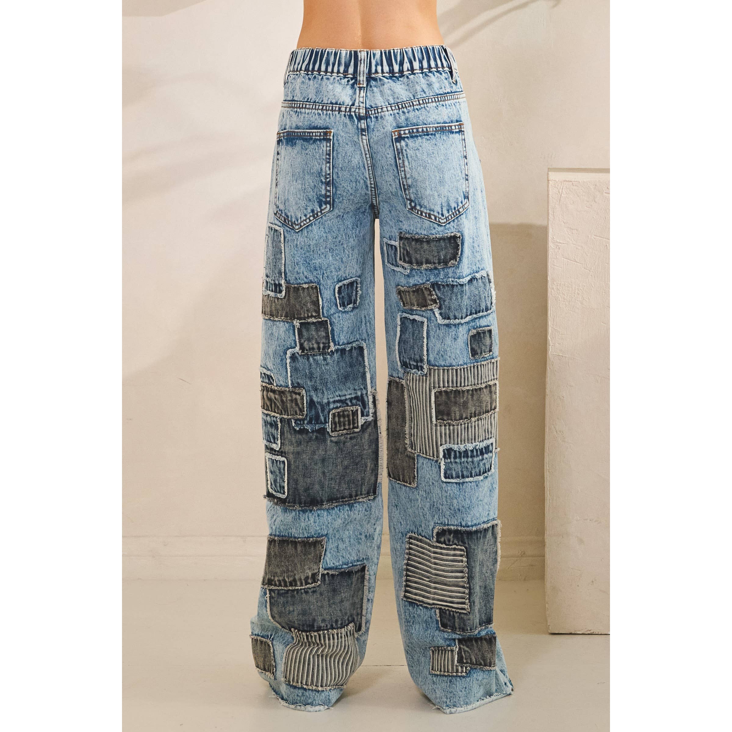 DENIM MULTI SQUARE PATCHES STRAIGHT JEANS for wholesale on Faire8