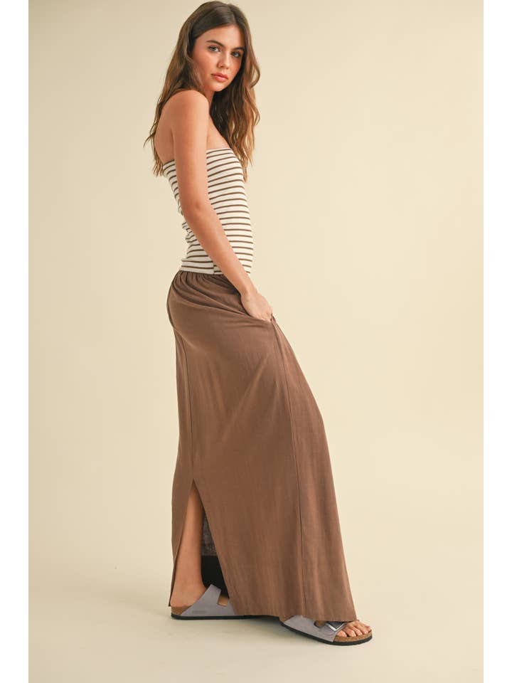 MIOU MUSE - Wholesale Dress - Women's - D4681 STRIPE RIBBED TOP WITH LINEN DRESS