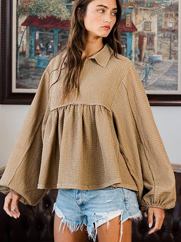 Brown T1902A Collared Split Neck Pleating Top for wholesale on Faire
