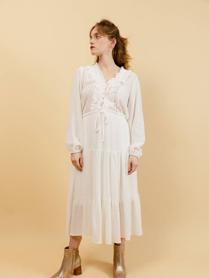 CARO MIDI-KLEID MIT V-AUSSCHNITT UND BLÄTTERMUSTER für den Großhandel von EMILIE K