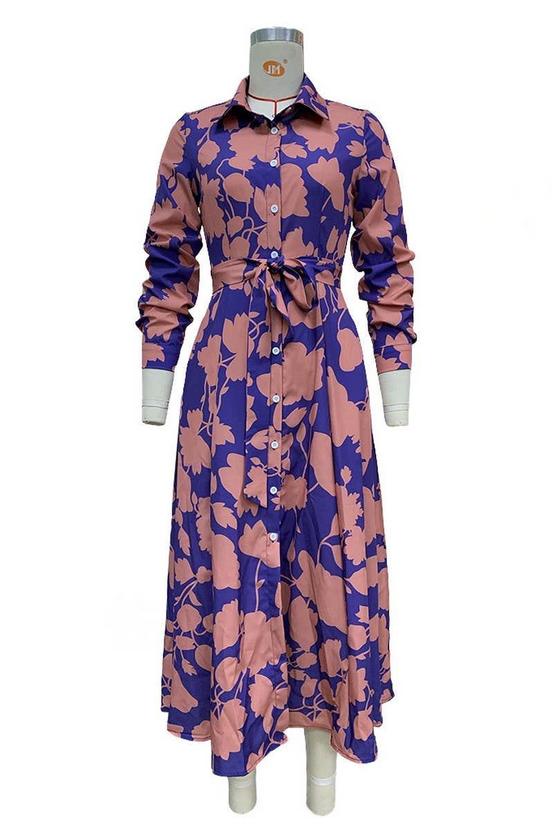 POURPRE CWDMD01365_ROBE ÉLÉGANTE IMPRIMÉE À MANCHES LONGUES ET MI-LONGUE en vente sur Faire4