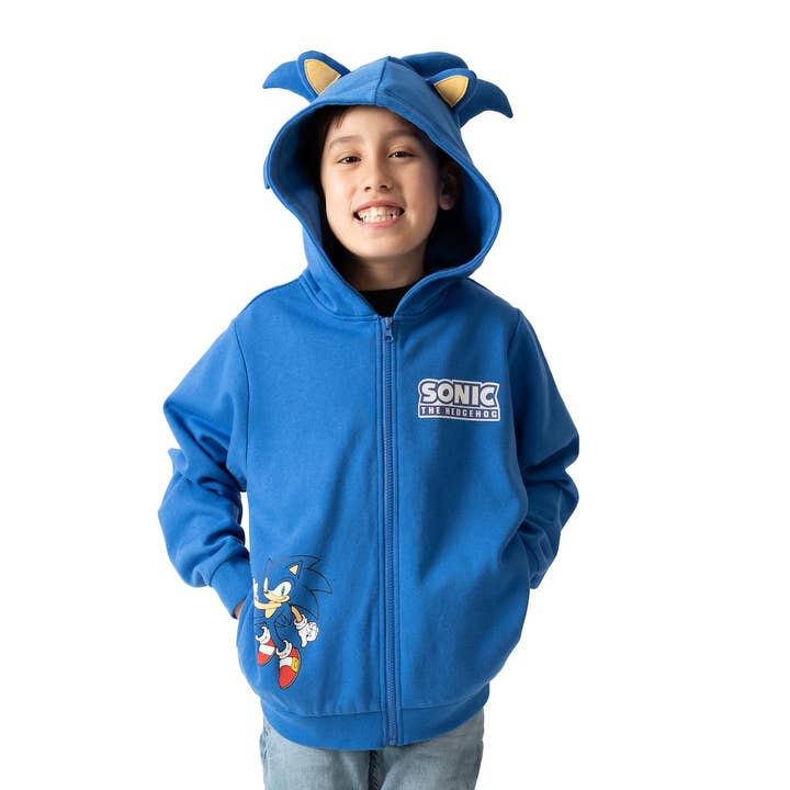 Sonic The Hedgehog Cosplay With Foam Ears Long Sleeve Blue Boy's Zip Up Hooded Sweatshirt for wholesale by Bioworld Merchandising