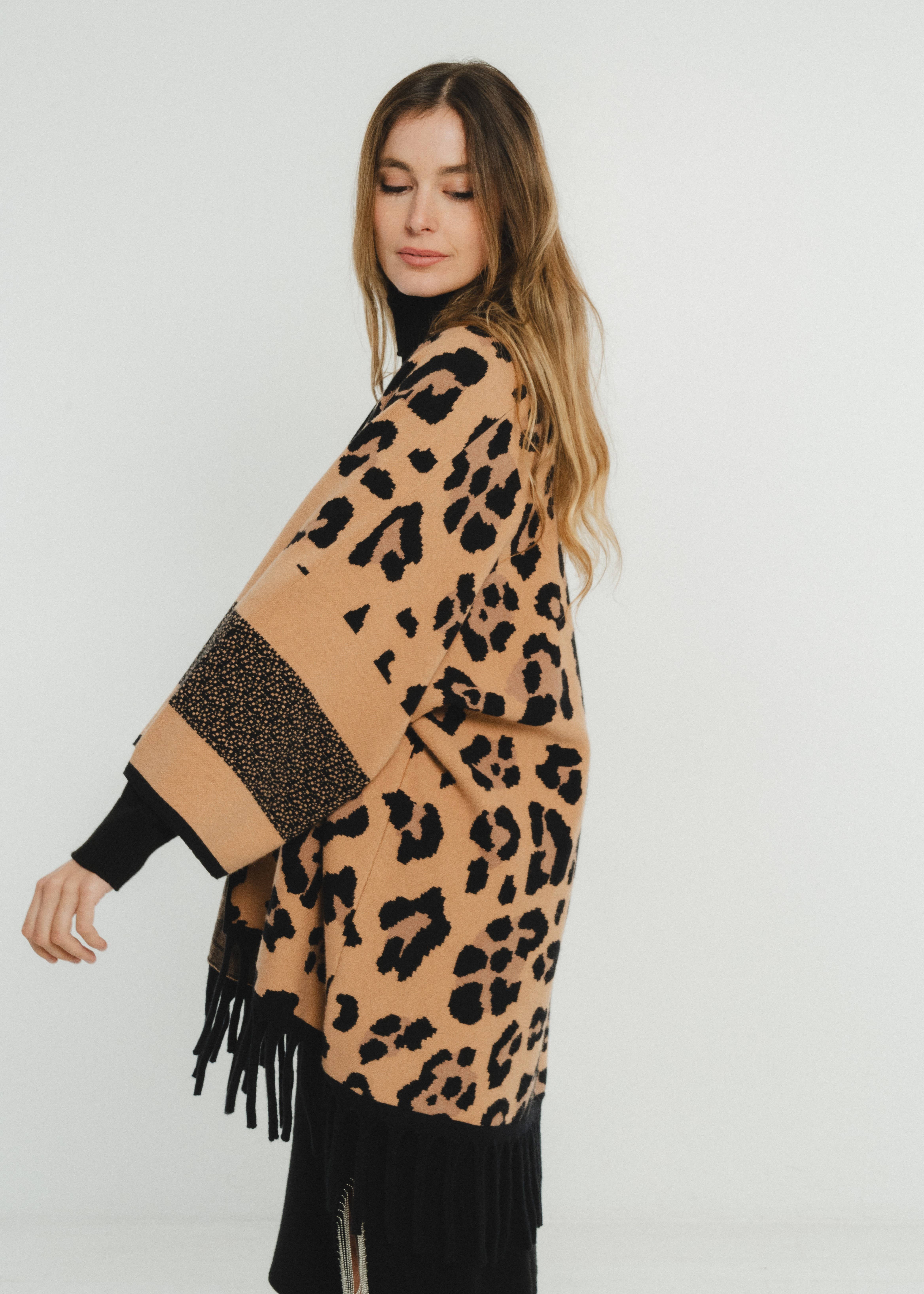 Camel Knit poncho with leopard pattern fringes for wholesale on Faire1