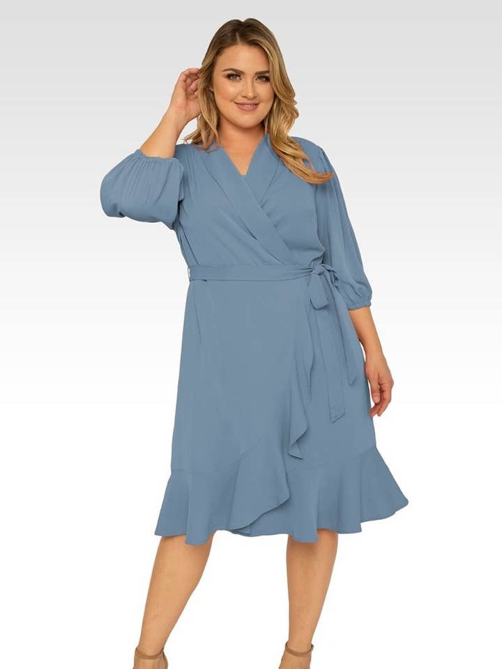 Robe midi bleu ardoise double georgette taille plus pour femmes pour la vente par Standards & Practices
