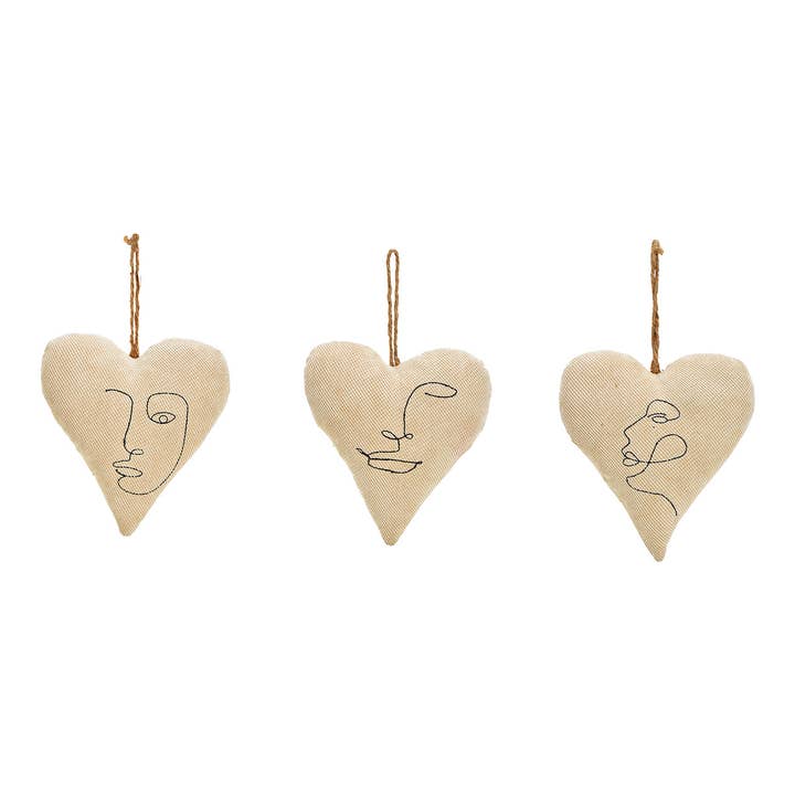 Wurm - Wholesale Ornament - Hanging heart/face decoration made of textile, 3-piece, beige (W/H/D) 16x18x7cm