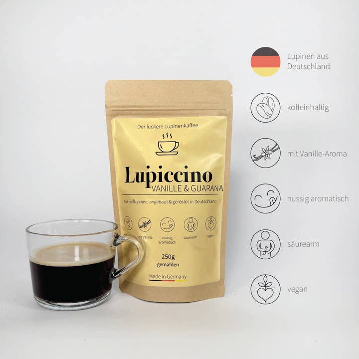 Caffè di lupino Lupiccino con guaranà e vaniglia per la vendita all'ingrosso da parte di Lupiccino