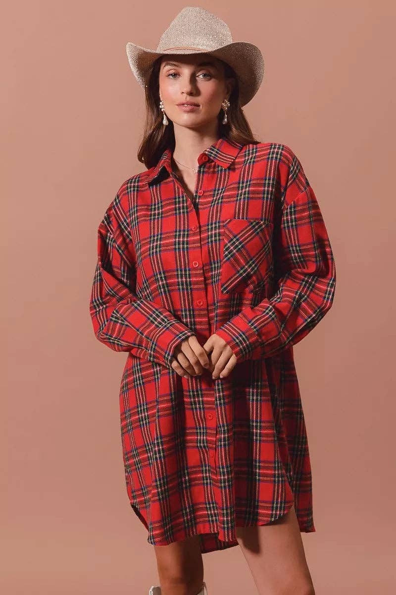 RED MULTI SO ME Christmas Checker Plaid Button Up Shirt Dress for wholesale on Faire7