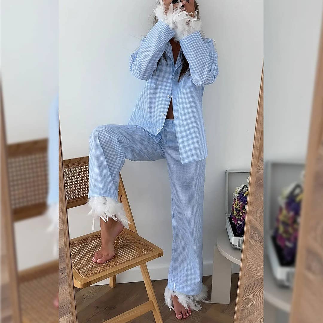 UNISHE - Vente Ensemble de vêtements d'intérieur – femme - Ensemble de pyjama à carreaux ample avec pantalon long à plumes ONK292