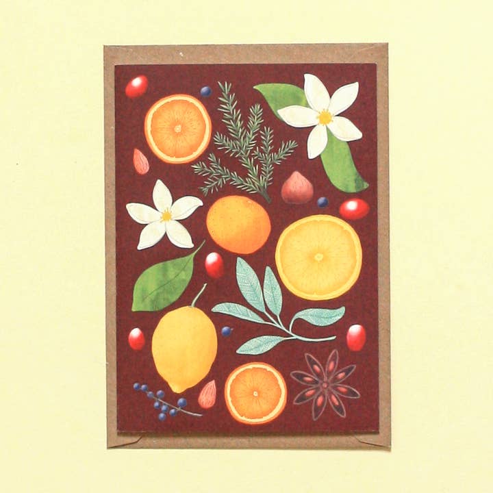 Oranges and Lemons card (red) for wholesale by Cathryn Worrell Art and Illustration