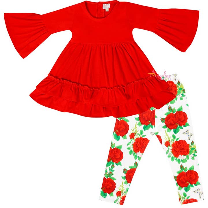 Angeline Kids - Wholesale Top & Leggings Set - Kids - Baby Toddler Little Girls Valentines Roses Scarf Outfit - Red Ivory2