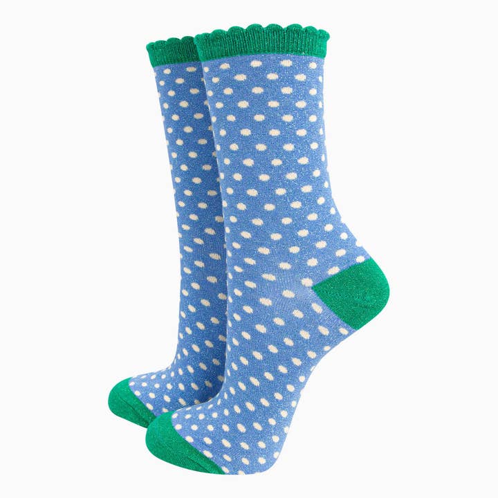 Damen-Glitzersocken - Denimblau/Grün, Polka Dots für den Großhandel von Sock Talk