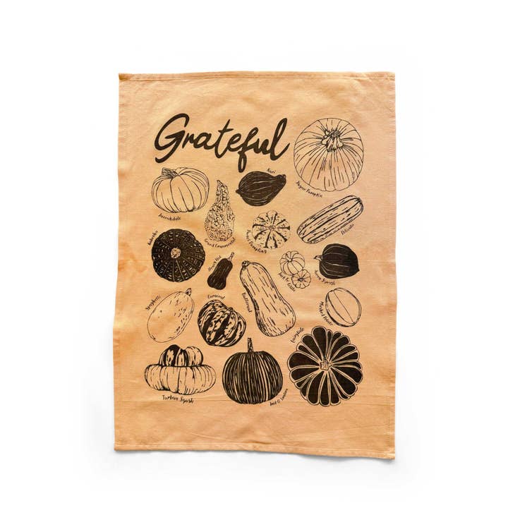 Grateful Gourds Tea Towel -Vibrant Squash and Pumpkin Design for wholesale by Planetarium
