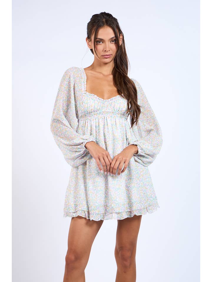 Lovely Bae DITSY FLORAL LONG SLEEVE RUFFLE TRIM MINI DRESS for wholesale on Faire