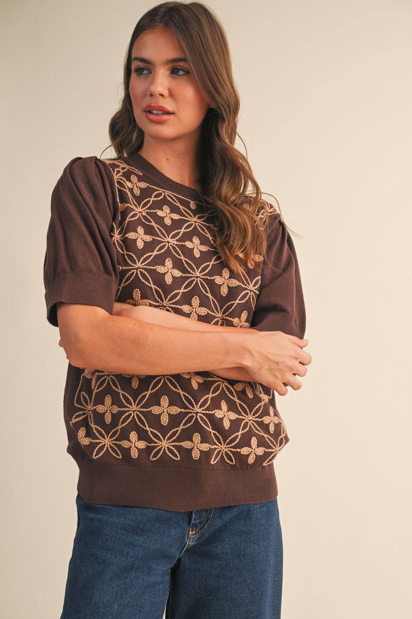&MERCI - Wholesale Knit Sweater - Women's - SHORT PUFF SLEEVE EMBROIDERY FRONT SWEATER MSW1083223