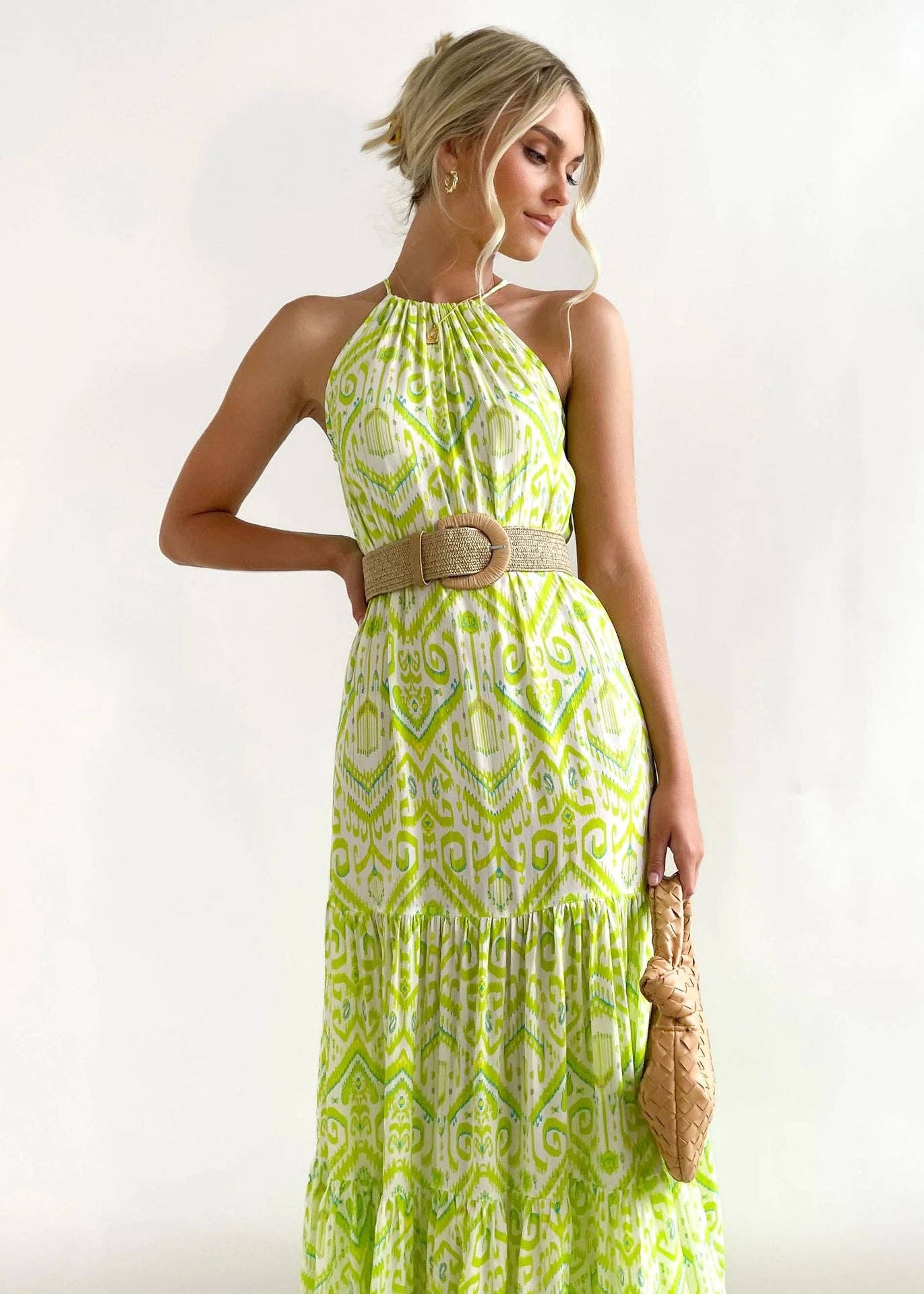 Green Ladies Strape Shoulder Argyle Print Daily Midi Dress 23278 for wholesale on Faire2