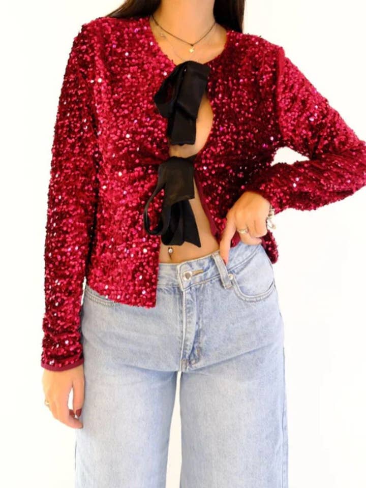 LORIANE – Camisa com botões no colarinho – Mulher por atacado – 6401 Camisa de veludo com lantejoulas e gravatas2