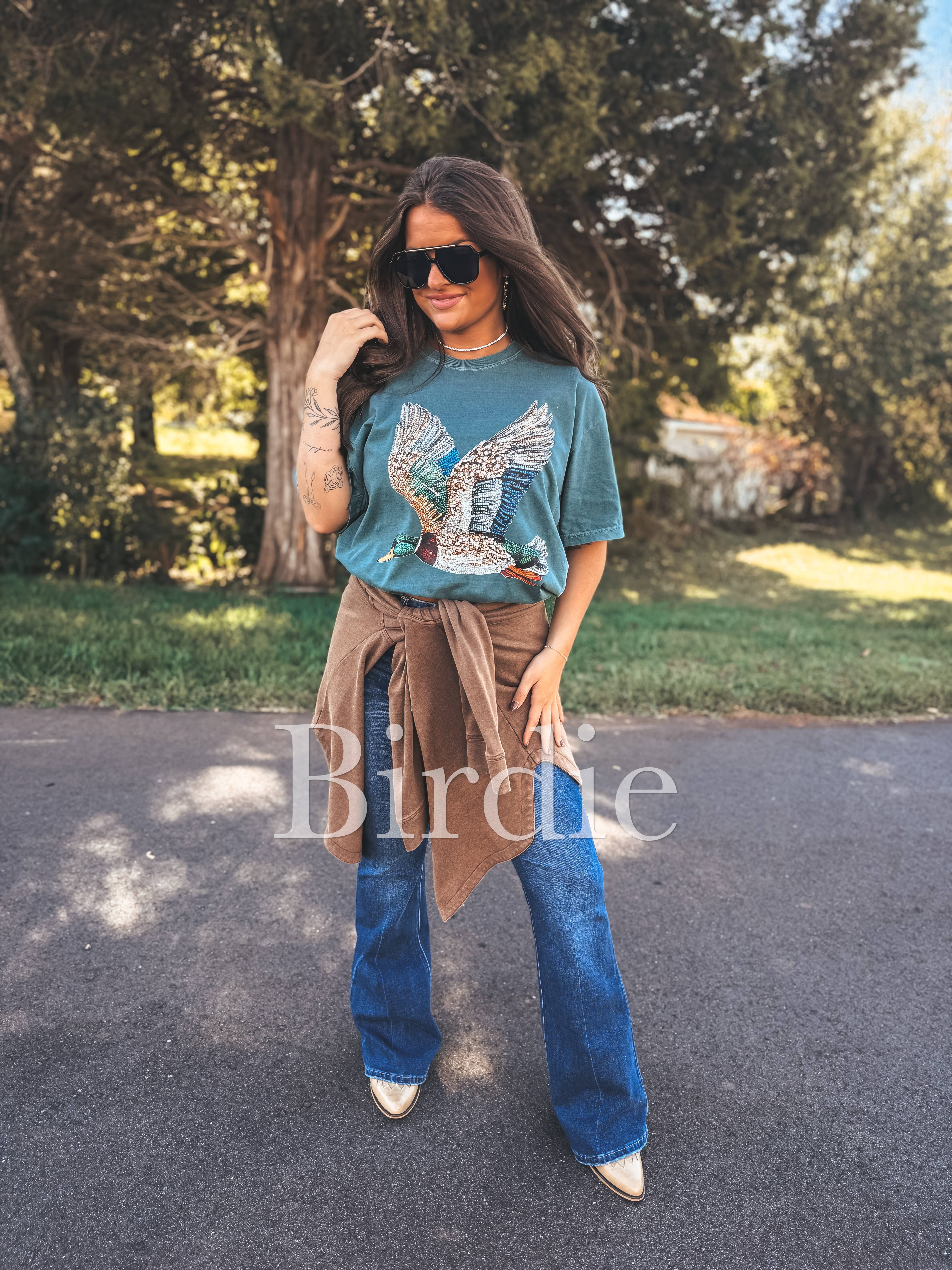 birdie - Wholesale Shirt - Women's - Faux Rhinestone Duck Graphic Tee on Blue Spruce 4