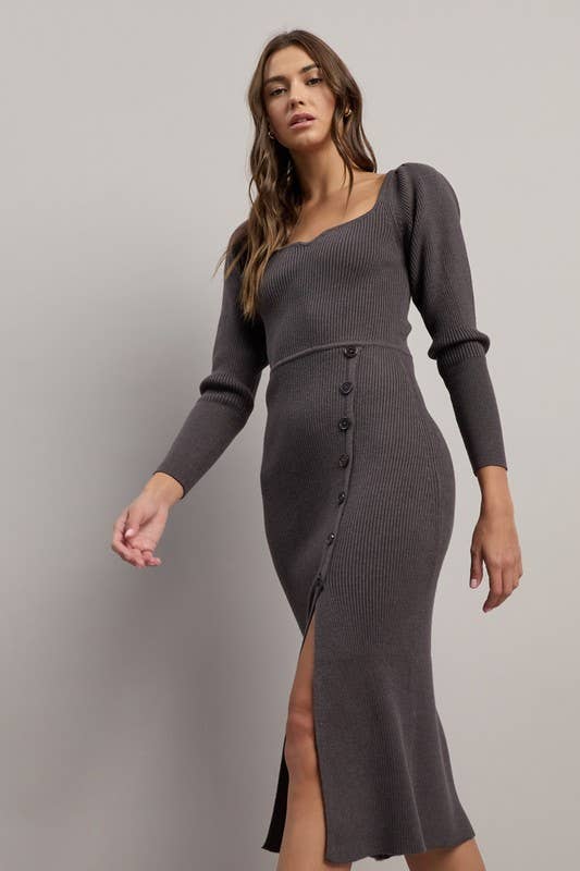 Charcoal Button Rib-knit Midi Dress for wholesale on Faire1