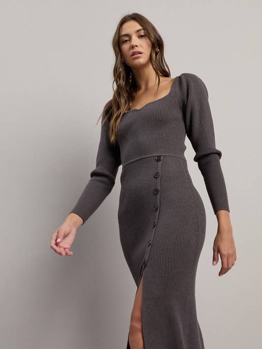 Charcoal Button Rib-knit Midi Dress for wholesale on Faire1