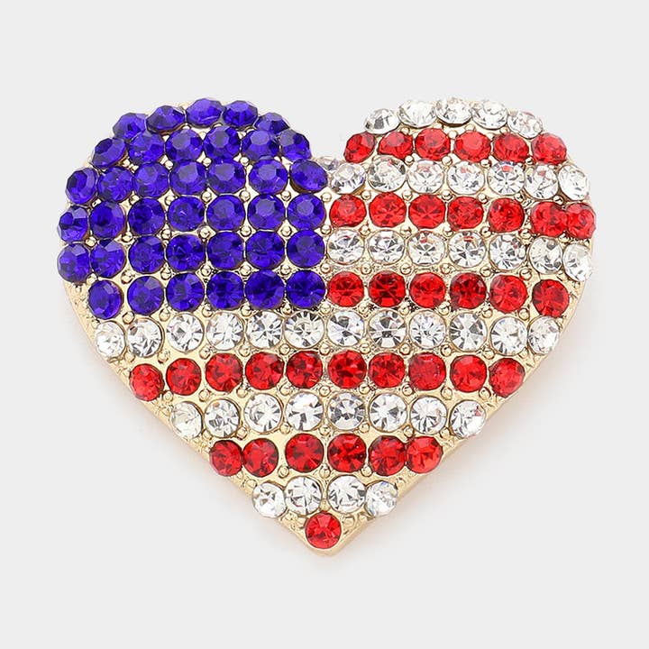 American USA Stone Paved Heart Pin Brooch for wholesale by Sensibling Corp.