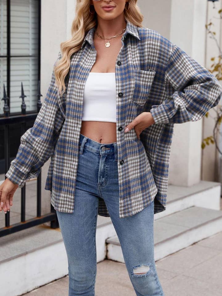 Women's Clothing Plaid Button-Up Flannel Shirt for wholesale by FULL TIME PURCHASE