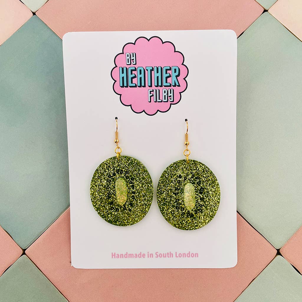 By Heather Filby - Wholesale Hangende/ronde oorbellen - Kiwi Glitter Hars Oorbellen