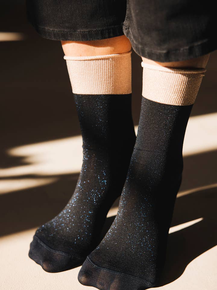 Atelier St Eustache - Wholesale Socks - Women's - ELECTRO MIDNIGHT BLUE • Women's glitter socks for parties0