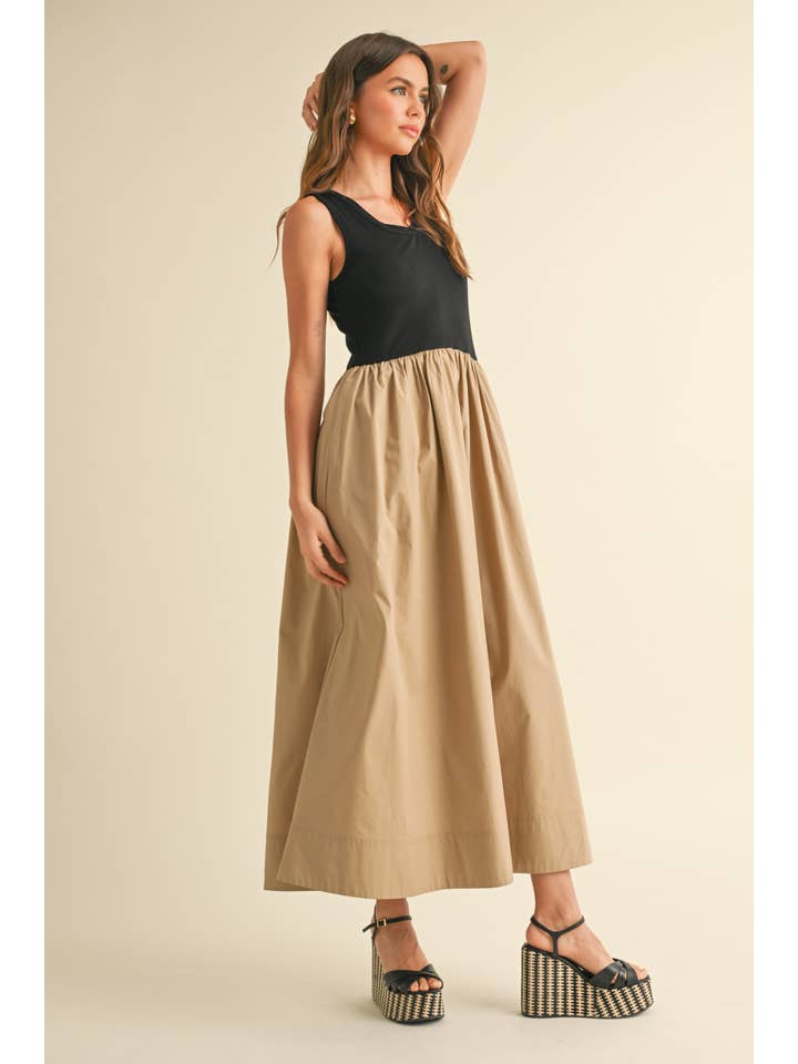 MIOU MUSE - Wholesale Dress - Women's - D4455 RIBBED TOP WOVEN SKIRT COMBO DRESS