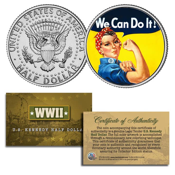 The Merrick Mint - Venta al por mayor Moneda/objeto de coleccionista - Rosie The Riveter, ícono cultural del poder económico femenino de la Segunda Guerra Mundial en moneda de medio dólar de Jfk coloreada, ¡se envía rápido y gratis!