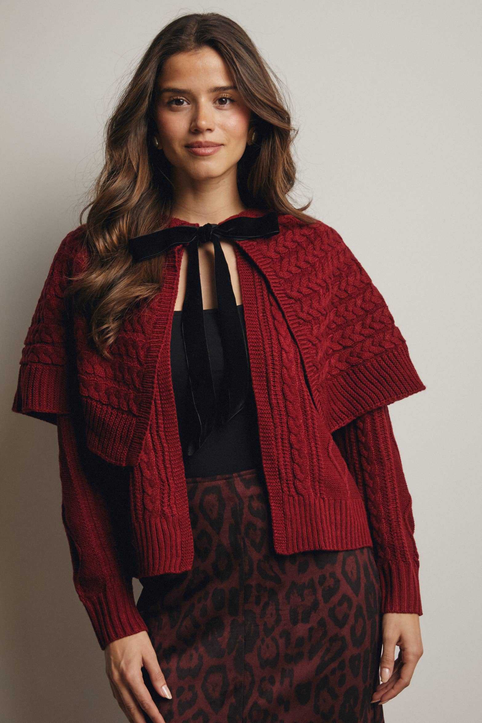 Forte – wholesale Cardigan – Women’s – Cable Knit Capelet Cardigan with Velvet Bow FSW0017 14