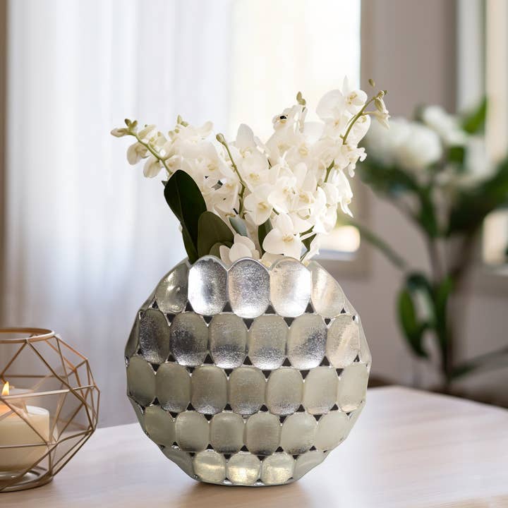Metal Rounded Geometric Oval Vase - Silver, 13 in. for wholesale by Sagebrook Home