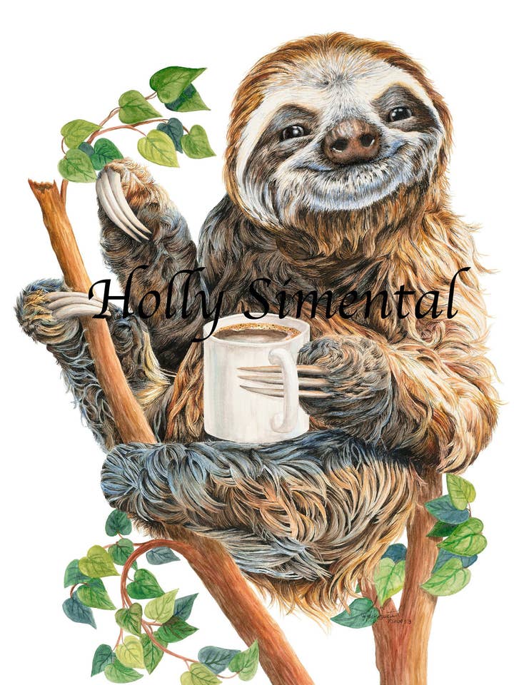 Impressão arquivística assinada "Morning Sloth Coffee" por Holly Simental por atacado de Holly Simental