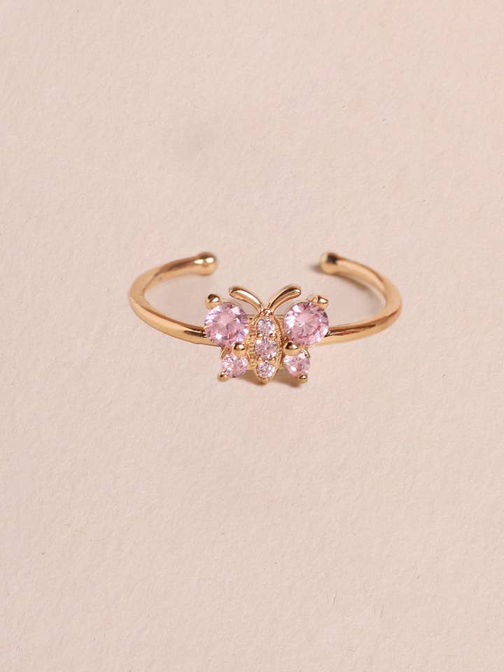Anello regolabile con farfalla e zircone rosa in placcatura oro 3 micron per la vendita all'ingrosso da parte di Waekura
