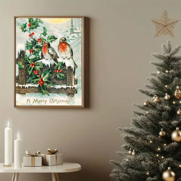 Vintage Christmas Birds Canvas: Holly & Snow for wholesale by Printmast Canvas Studio