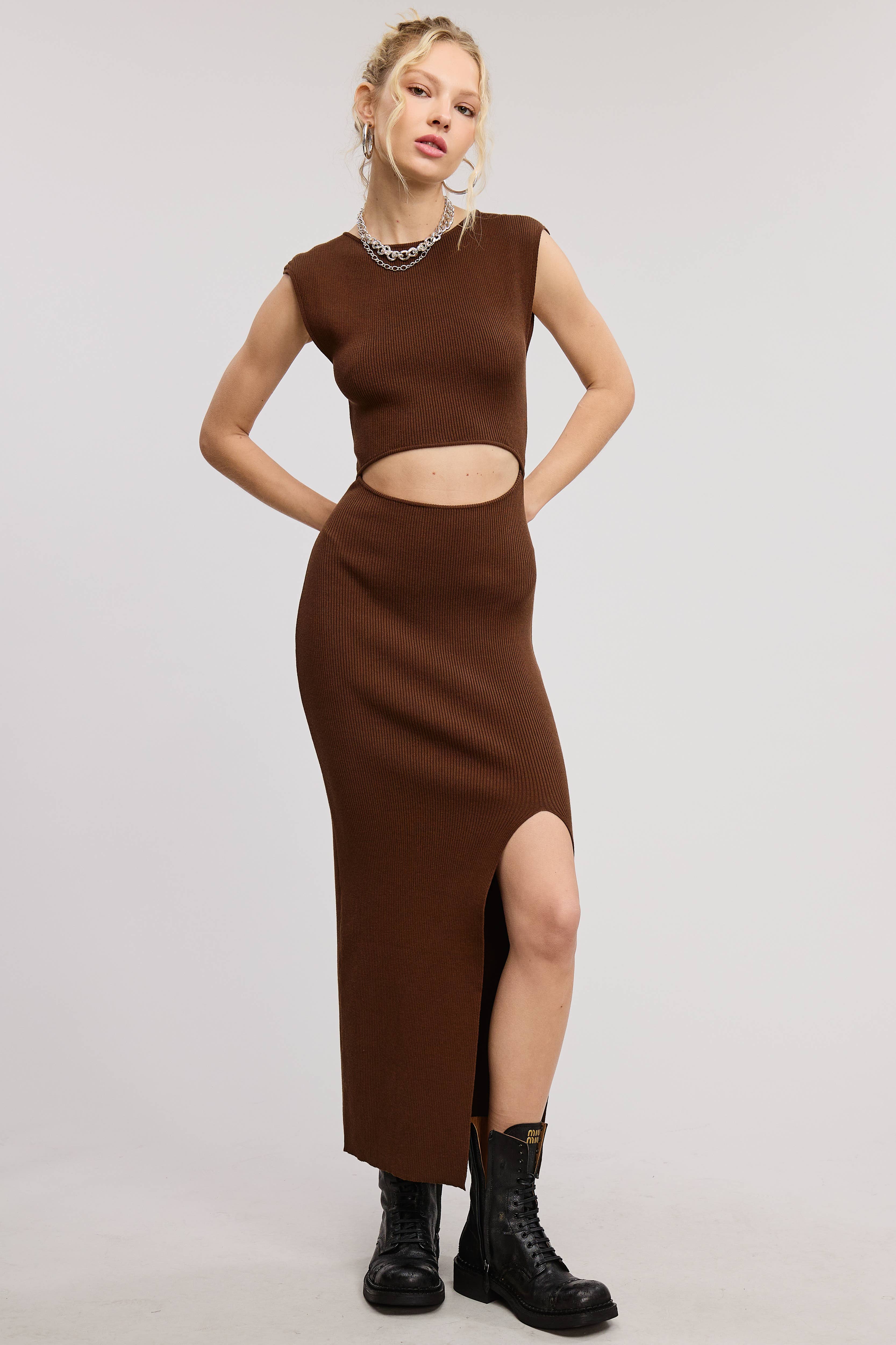 Mimosa - Wholesale Dress - Women's - Front Cut Out Waist Detail Midi Bodycon Dress19