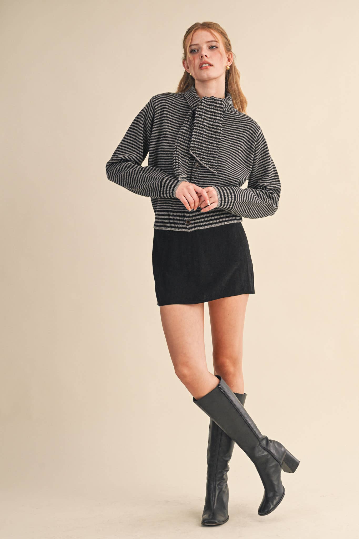 &MERCI - Wholesale Knit Sweater - Women's - STRIPED TYING NECK SWEATER CARDIGAN MSW111259