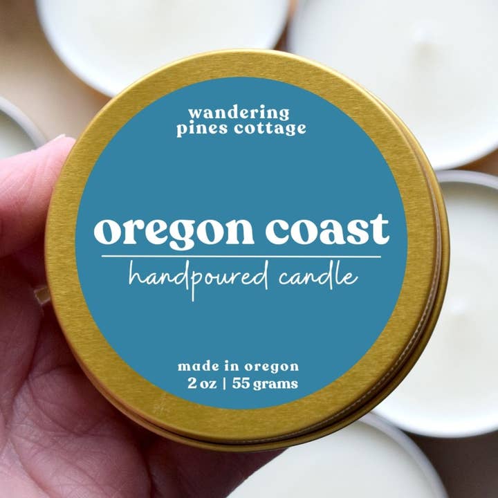 Oregon Coast - 2 oz Gold Tin Travel Candle for wholesale by Wandering Pines Cottage
