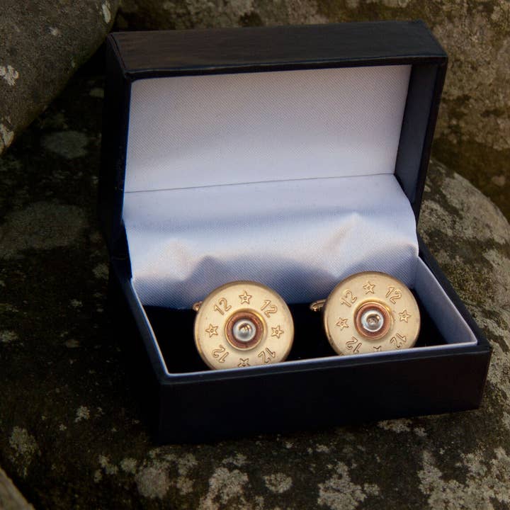 Gold-plated upcycled shotgun cartridge cufflinks for wholesale by J Boult Designs